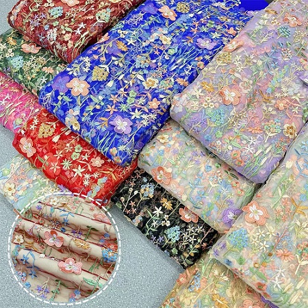 kukka monivärinen 3D verkkokirjonta kangas vaate mekko kirjonta kangas