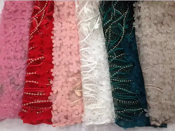 Custom Luxury Heavy Made Embroidery Tulle Beads Lace Mesh Beaded Fabric