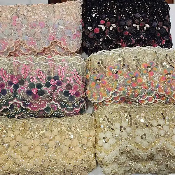 Monivärinen kirjailtu pitsi 3D mesh -kukilla nauha helmillä putki viivakoodi kirjonta pitsi